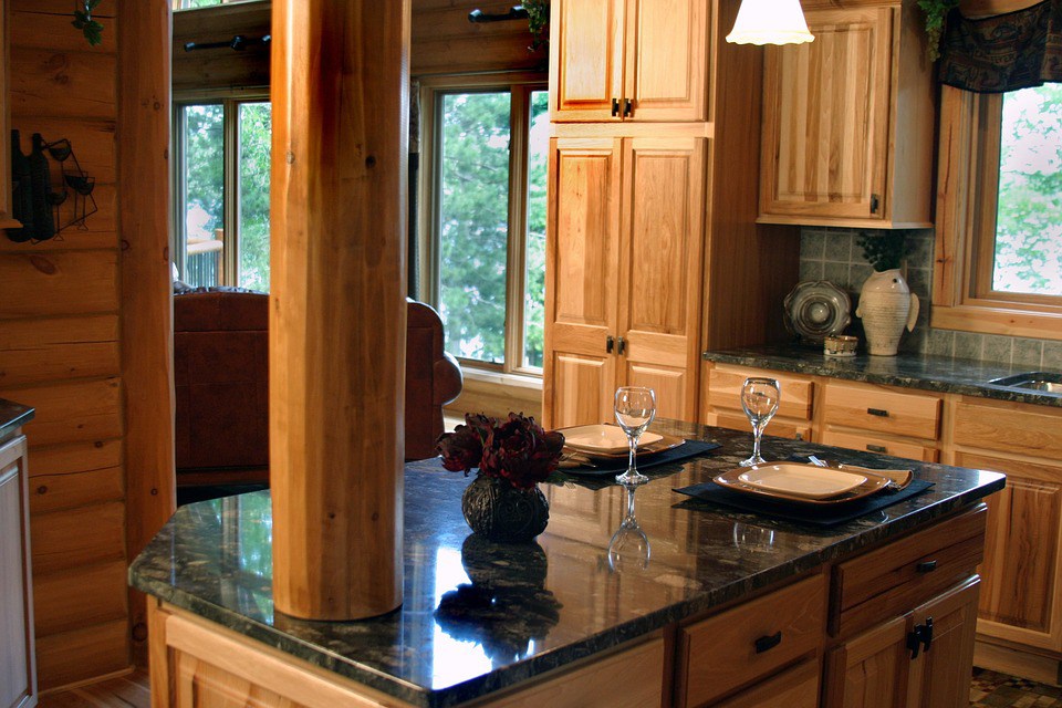 Wooden Styled Kitchen With Marble Top Finish