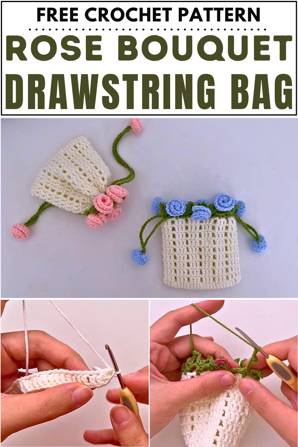 Crochet Rose Bouquet Drawstring Bag Pattern