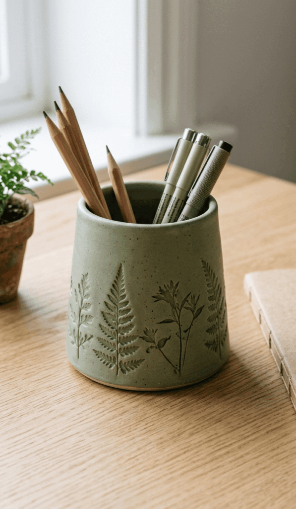 Botanical Leaf Texture Clay Pen Holder