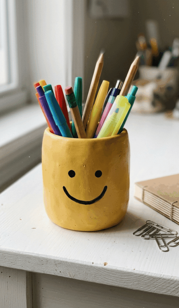 Cute Smiley Face Clay Pen Holder