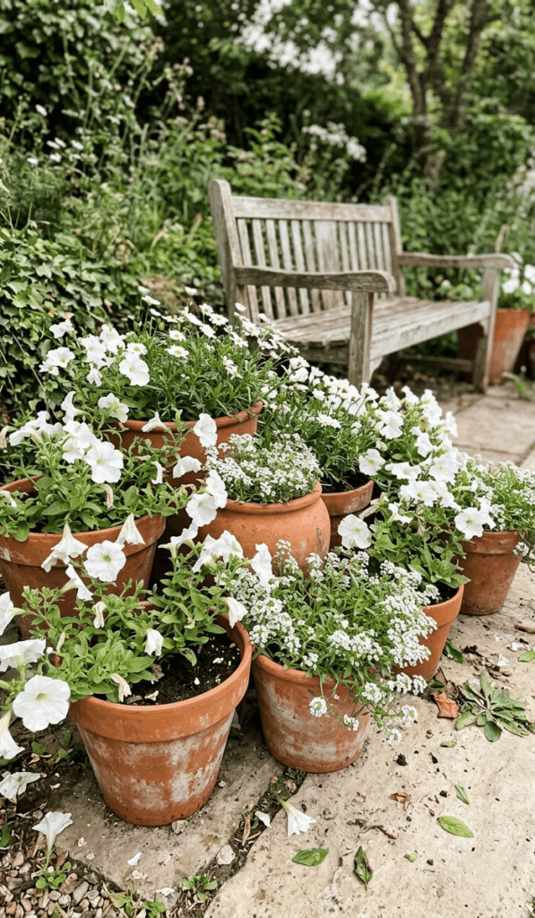 Elegant Clay Pot Garden with White Flowers