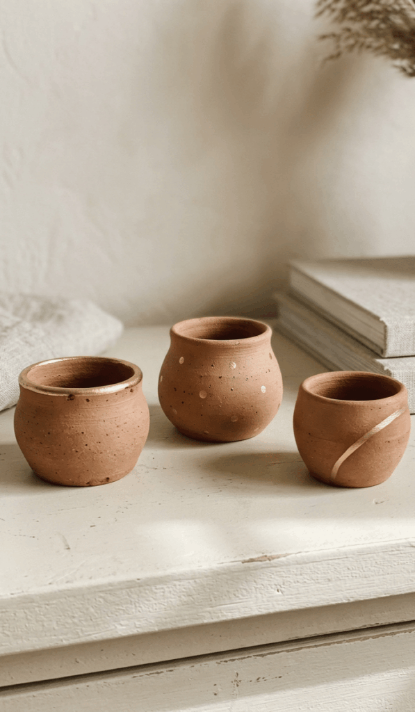Elegant Gold Accent Mini Clay Pots