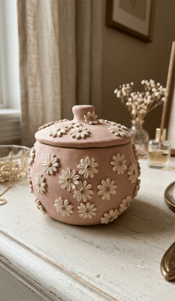 Handmade Floral Clay Trinket Jar