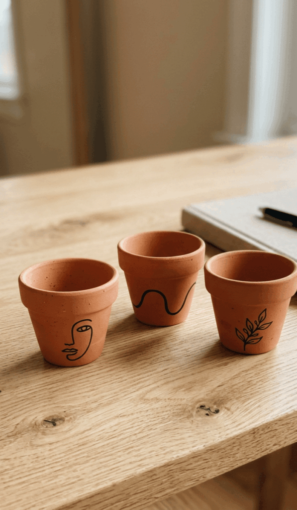 Minimalist Line Art Mini Clay Pots
