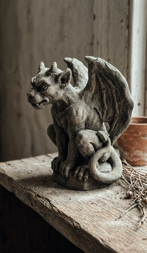 Mossy Gothic Clay Gargoyle Sculpture
