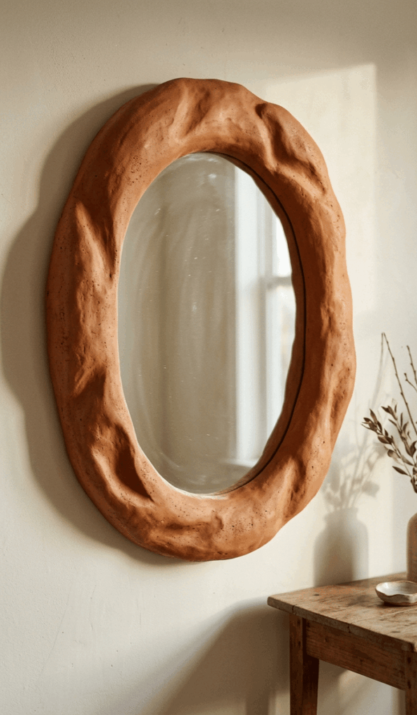 Terracotta Foam Clay Mirror Design Meta Description: Give your mirror a warm, earthy makeover with terracotta foam clay, organic curves, and sculpted edges. This modern boho design brings natural warmth and handcrafted character to minimalist interiors.