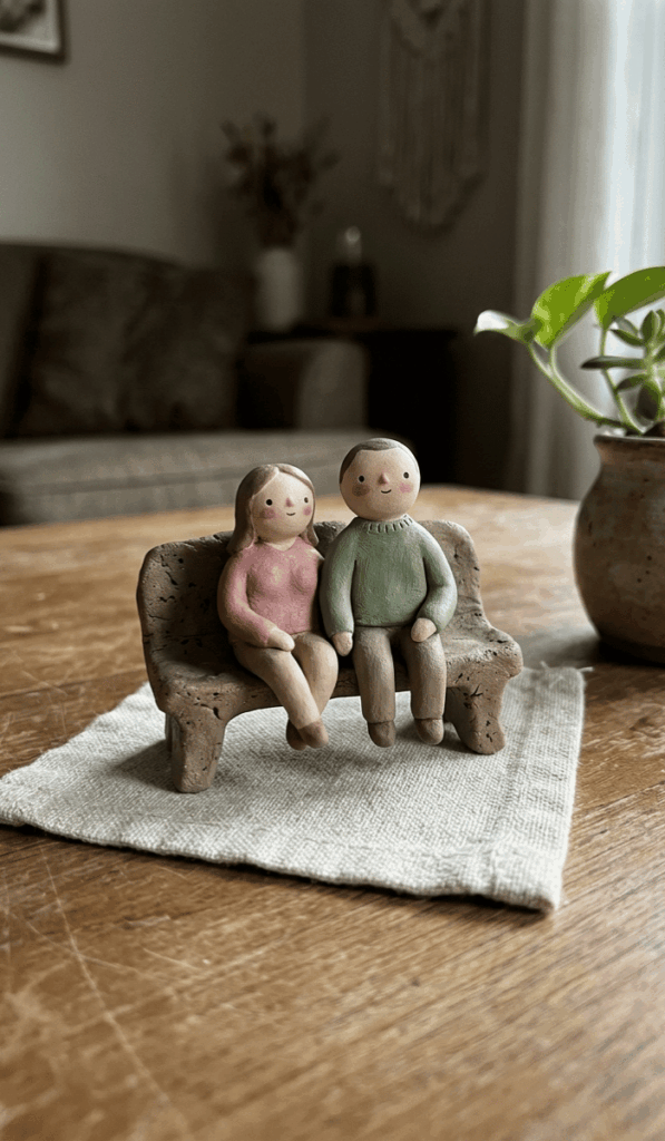 Tiny Clay People Sitting Together