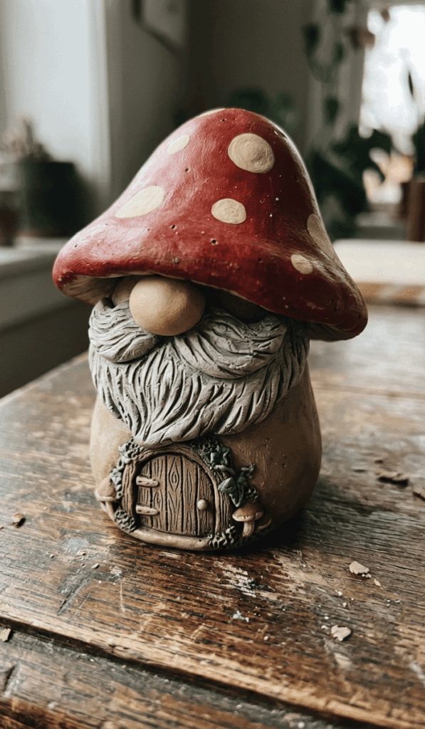 Whimsical Mushroom Cottage Clay Gnome
